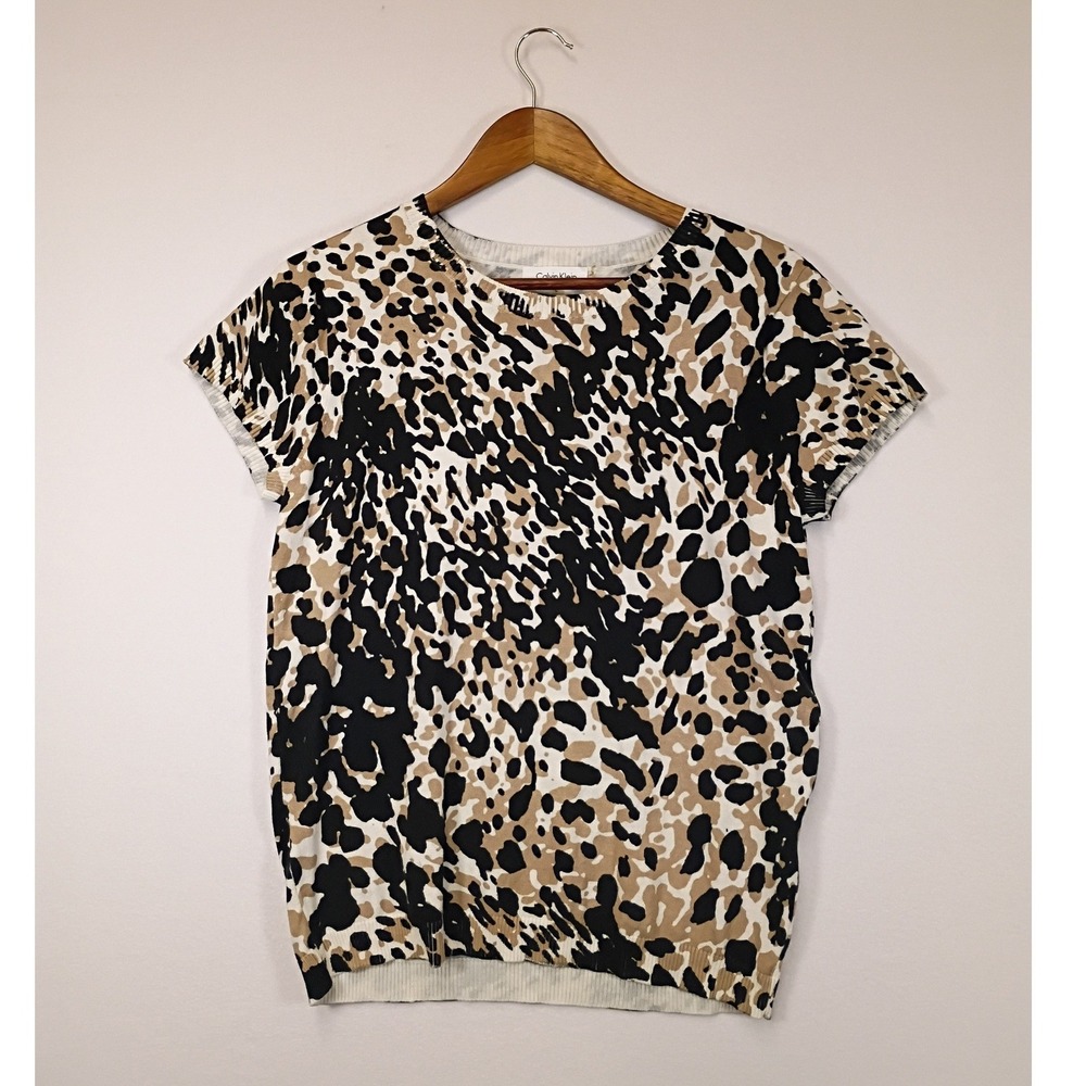 Animal Print Calvin Klein Women Large Tan Black Silk Blend Short Sleeve Knit Top